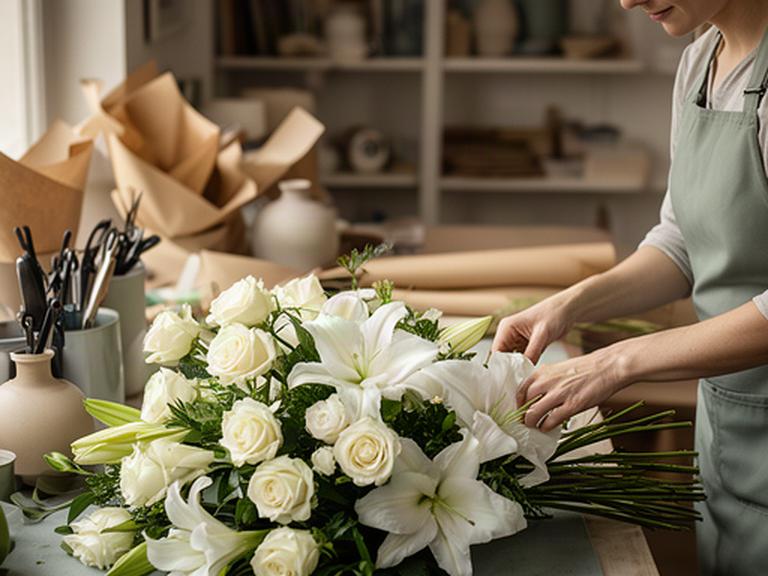 Fiorista che sistema rose bianche e gigli in una composizione per una commemorazione