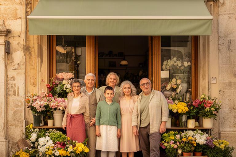 Famiglia di fioristi davanti alla storica bottega di Carmela's Fiorista a Città Sant'Angelo